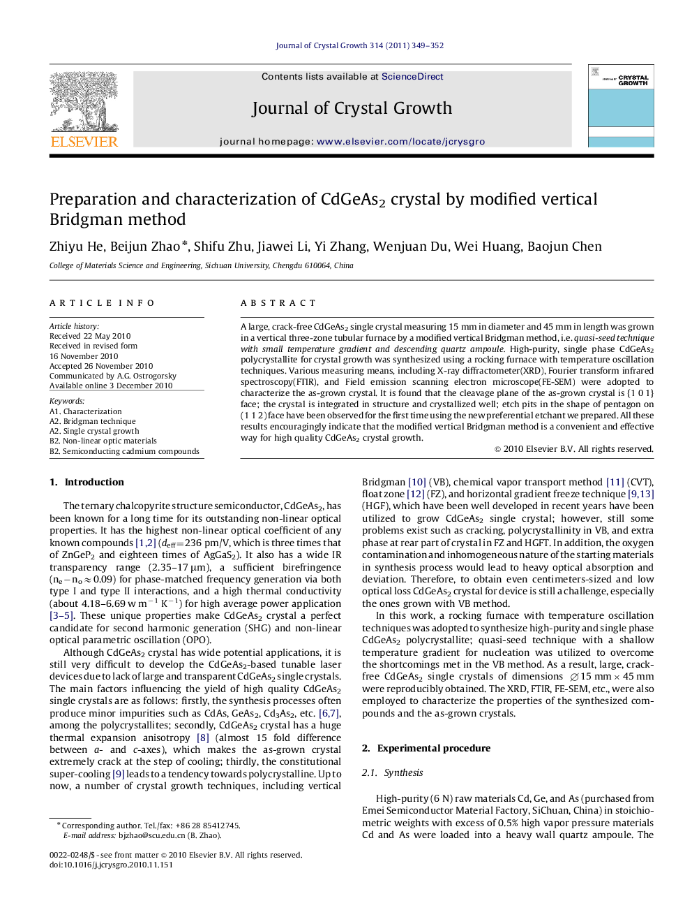 Preparation and characterization of CdGeAs2 crystal by modified vertical Bridgman method