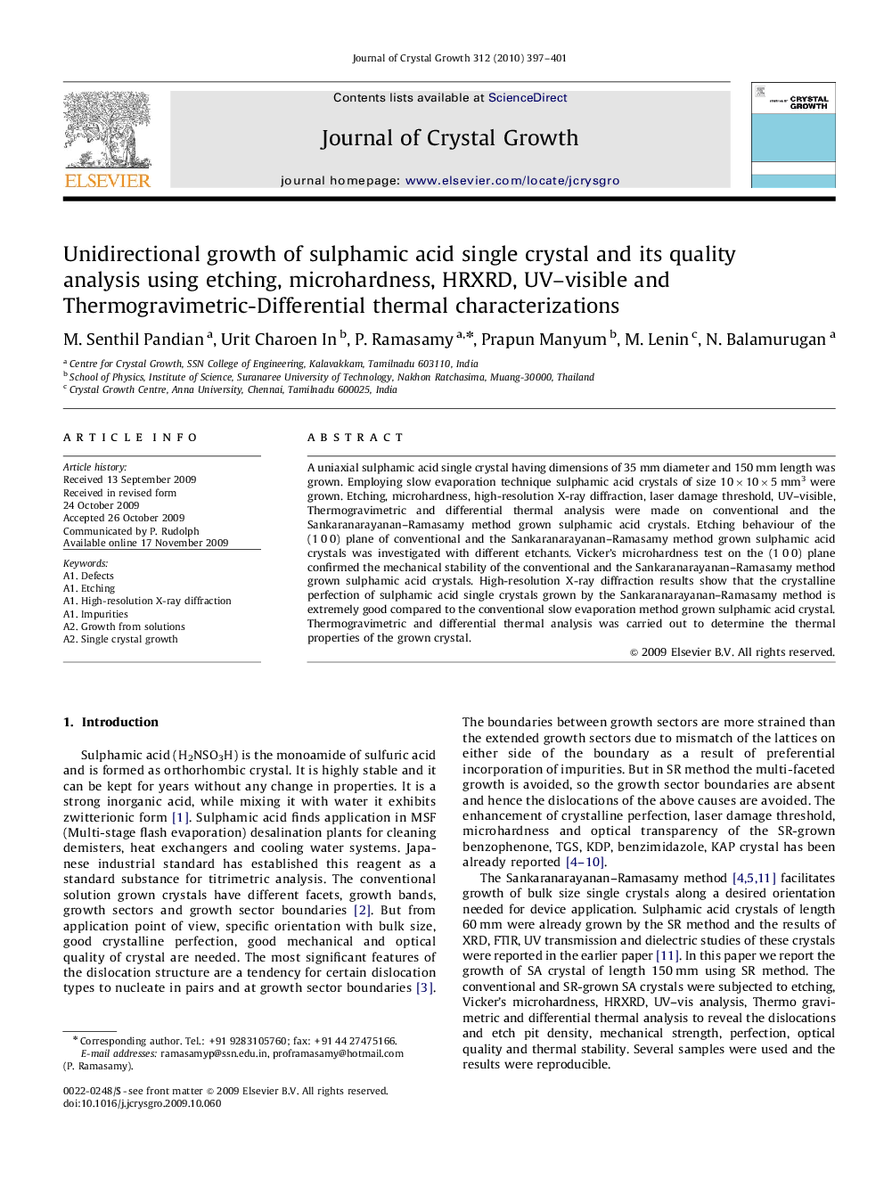 Unidirectional growth of sulphamic acid single crystal and its quality analysis using etching, microhardness, HRXRD, UV-visible and Thermogravimetric-Differential thermal characterizations