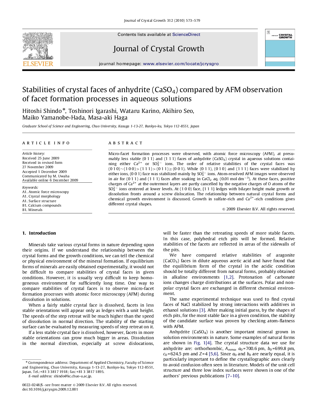 Stabilities of crystal faces of anhydrite (CaSO4) compared by AFM observation of facet formation processes in aqueous solutions