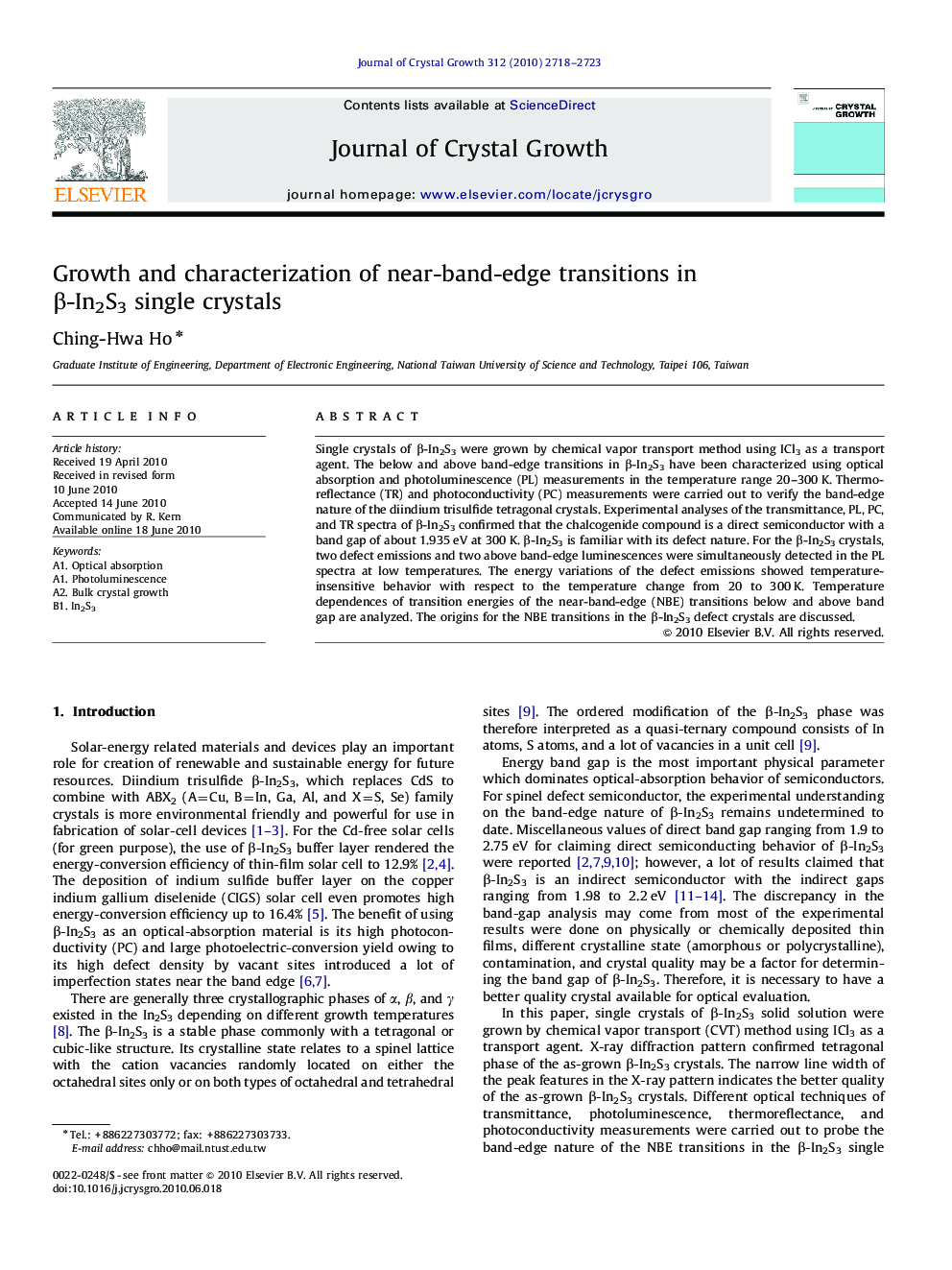 Growth and characterization of near-band-edge transitions in Î²-In2S3 single crystals