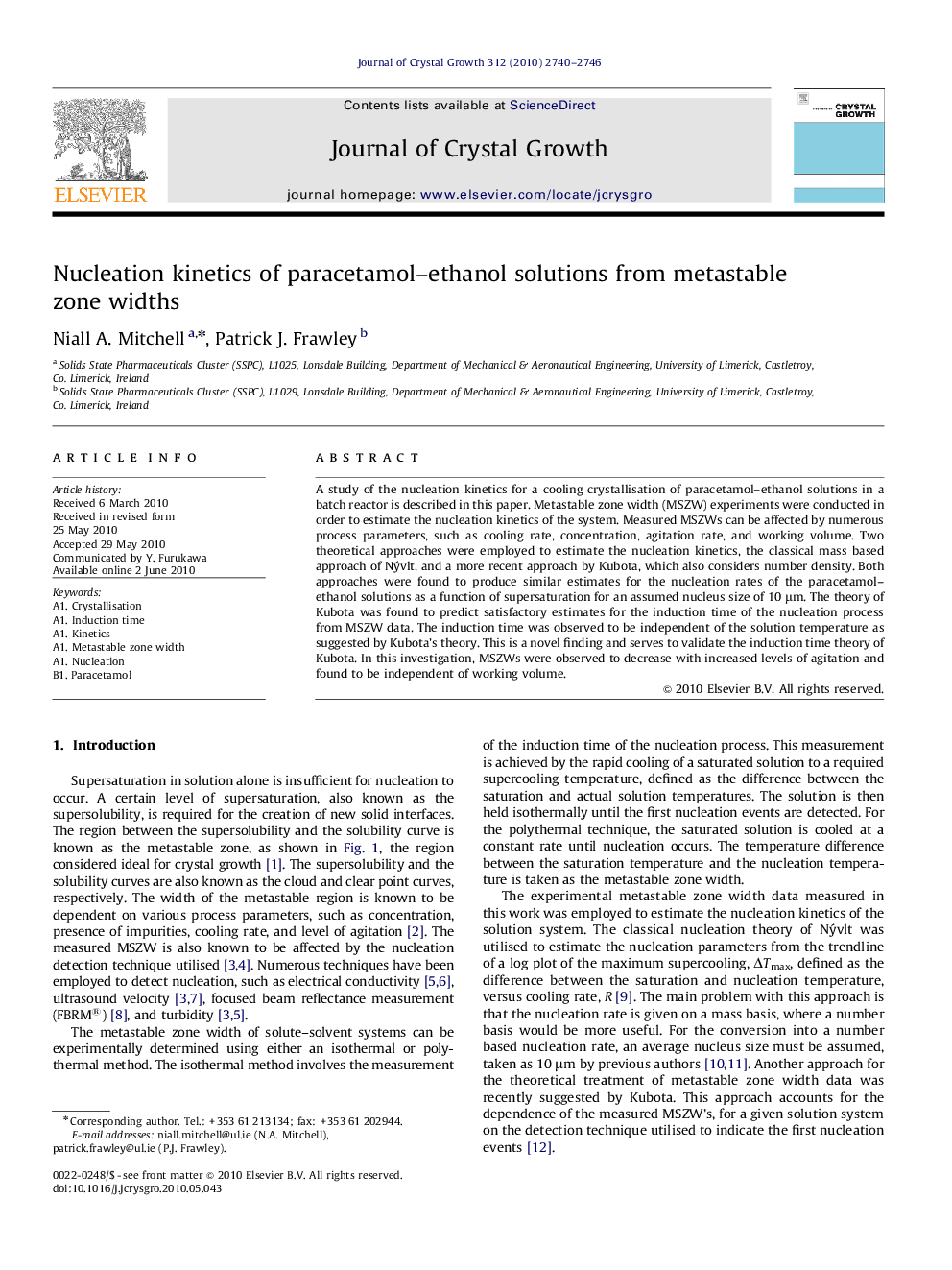 Nucleation kinetics of paracetamol–ethanol solutions from metastable zone widths