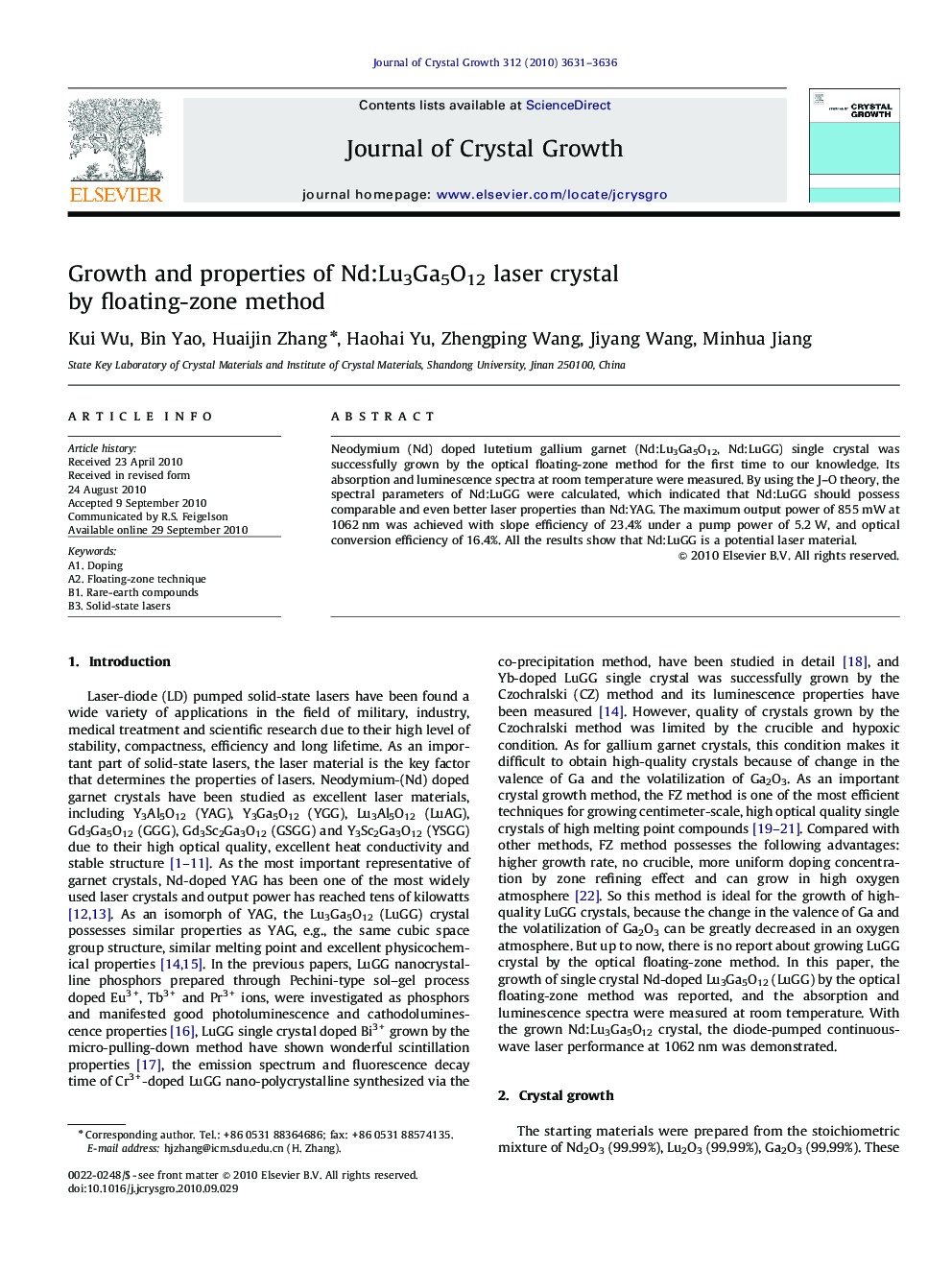 Growth and properties of Nd:Lu3Ga5O12 laser crystal by floating-zone method