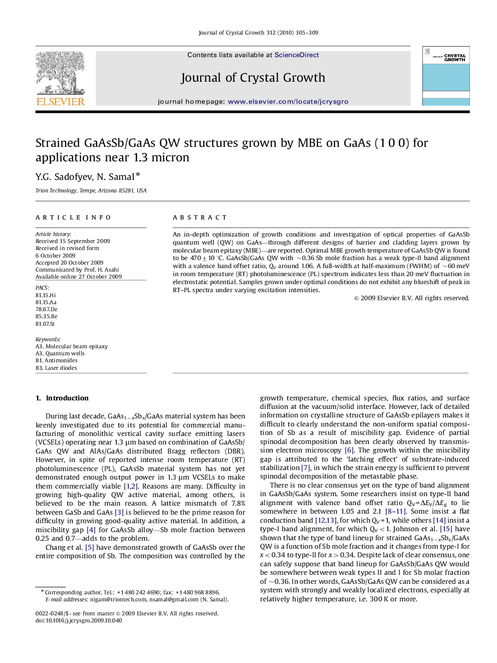 Strained GaAsSb/GaAs QW structures grown by MBE on GaAs (1 0 0) for applications near 1.3 micron