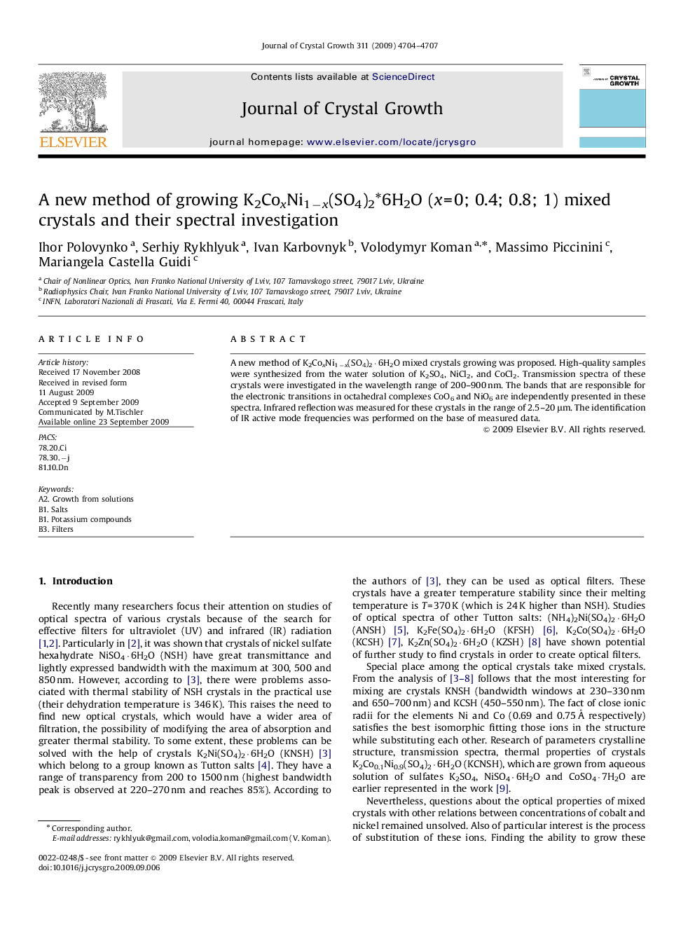 A new method of growing K2CoxNi1−x(SO4)2*6H2O (x=0; 0.4; 0.8; 1) mixed crystals and their spectral investigation