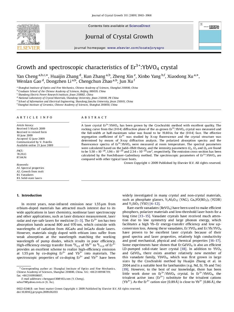 Growth and spectroscopic characteristics of Er3+:YbVO4 crystal