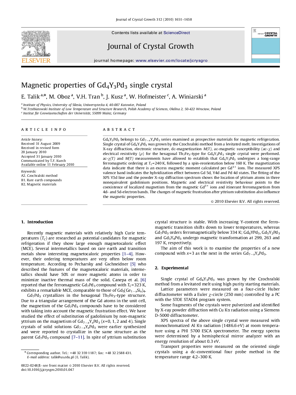 Magnetic properties of Gd4Y3Pd3 single crystal