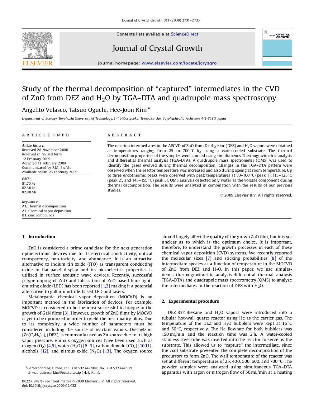 Study of the thermal decomposition of “captured” intermediates in the CVD of ZnO from DEZ and H2O by TGA-DTA and quadrupole mass spectroscopy