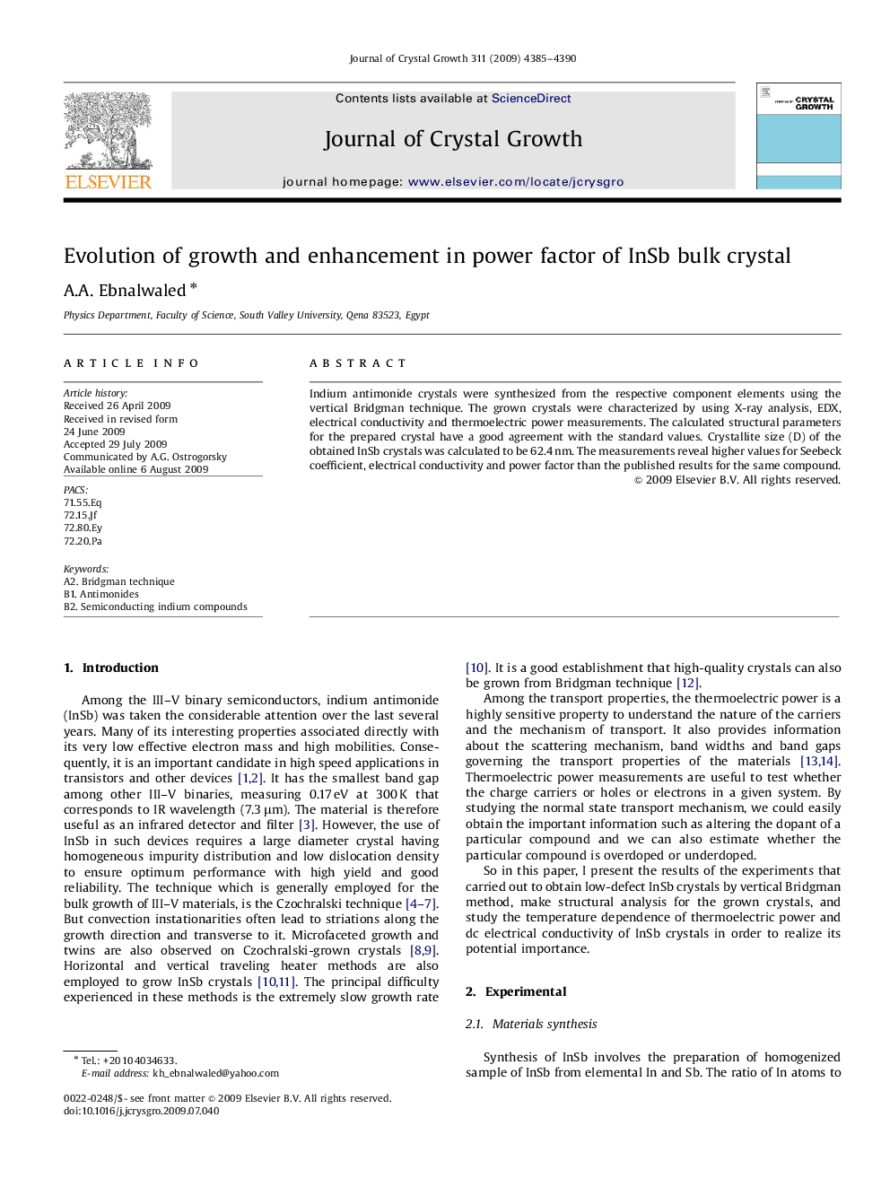 Evolution of growth and enhancement in power factor of InSb bulk crystal