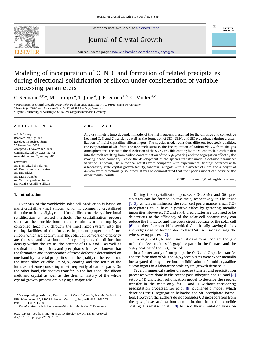 Modeling of incorporation of O, N, C and formation of related precipitates during directional solidification of silicon under consideration of variable processing parameters