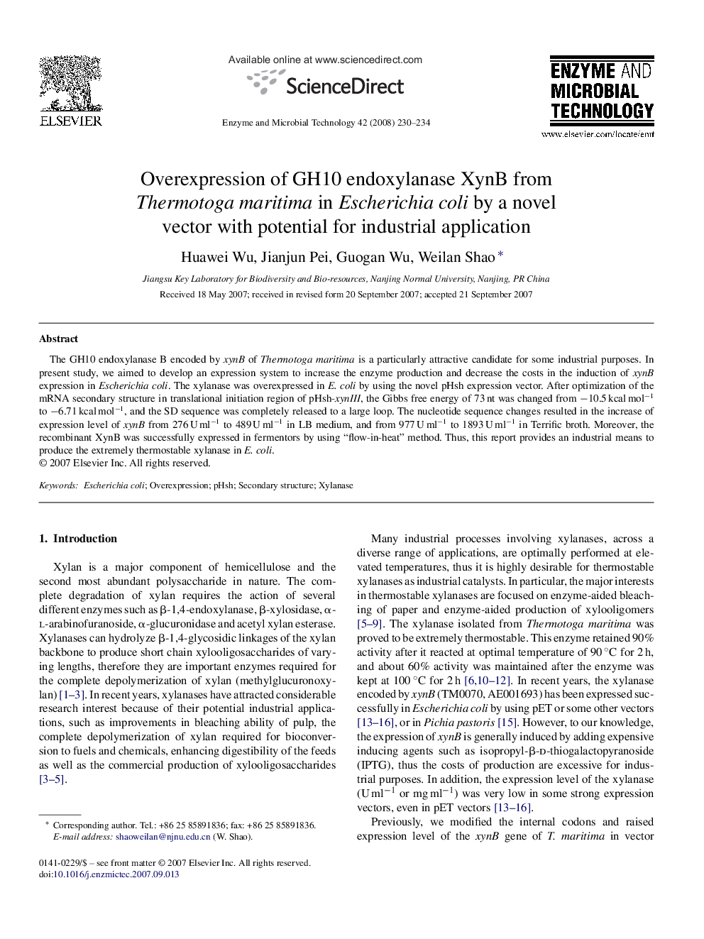 Overexpression of GH10 endoxylanase XynB from Thermotoga maritima in Escherichia coli by a novel vector with potential for industrial application