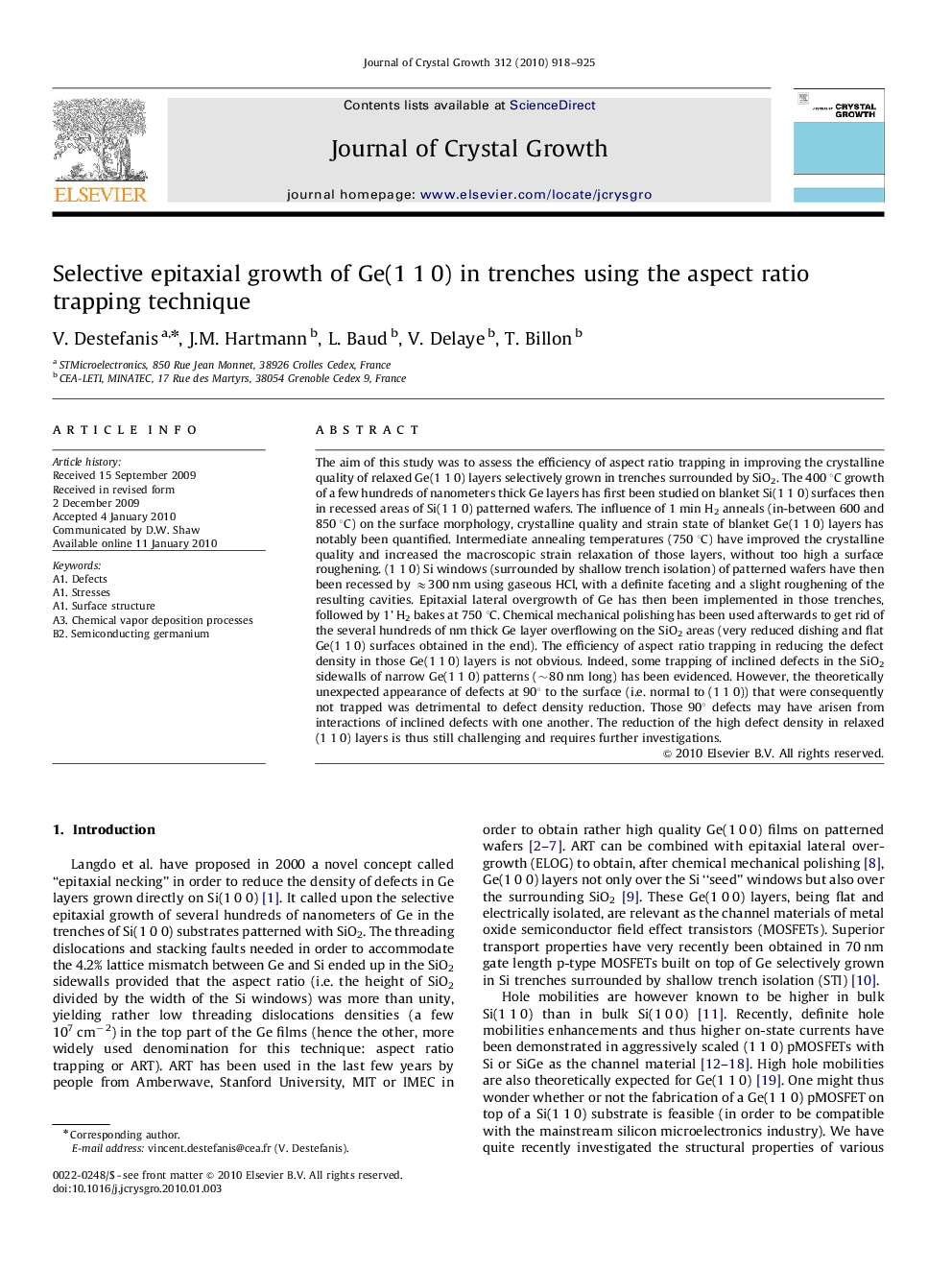 Selective epitaxial growth of Ge(1 1 0) in trenches using the aspect ratio trapping technique