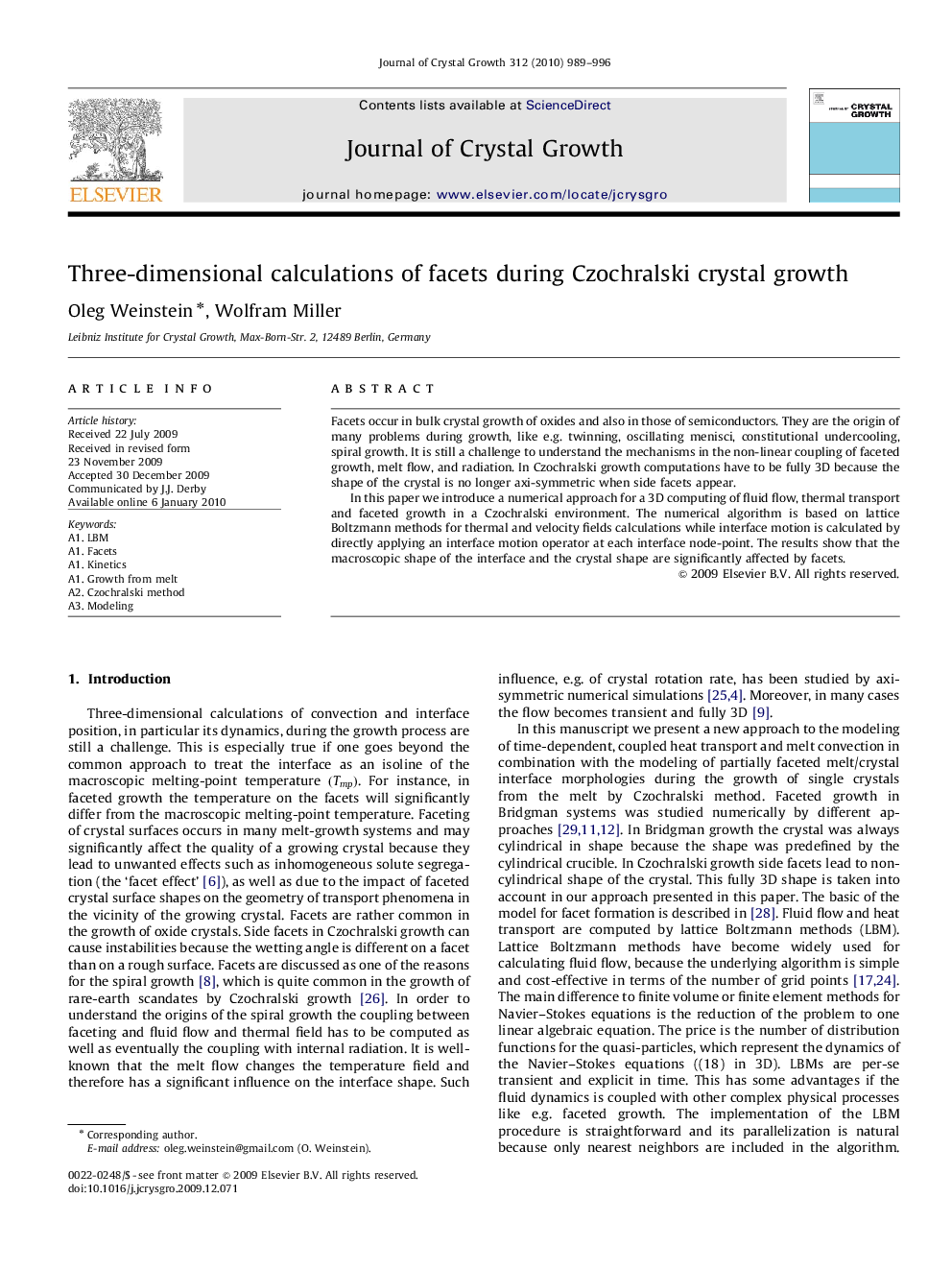 Three-dimensional calculations of facets during Czochralski crystal growth