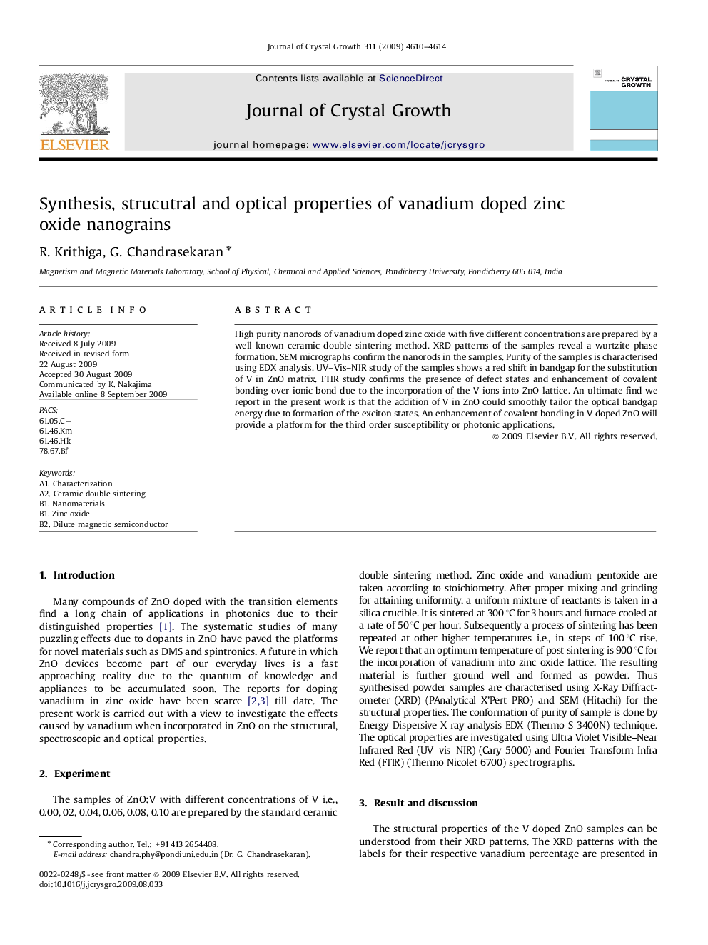 Synthesis, strucutral and optical properties of vanadium doped zinc oxide nanograins