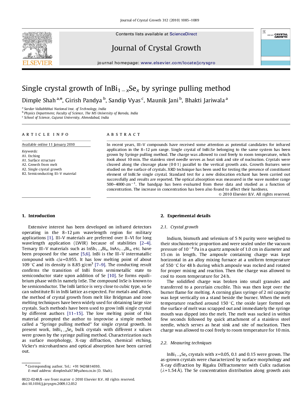 Single crystal growth of InBi1−xSex by syringe pulling method