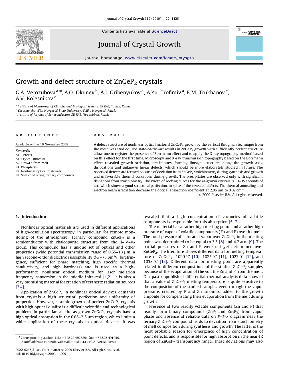 Growth and defect structure of ZnGeP2 crystals