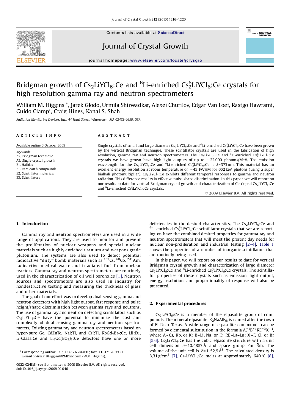 Bridgman growth of Cs2LiYCl6:Ce and 6Li-enriched Cs26LiYCl6:Ce crystals for high resolution gamma ray and neutron spectrometers