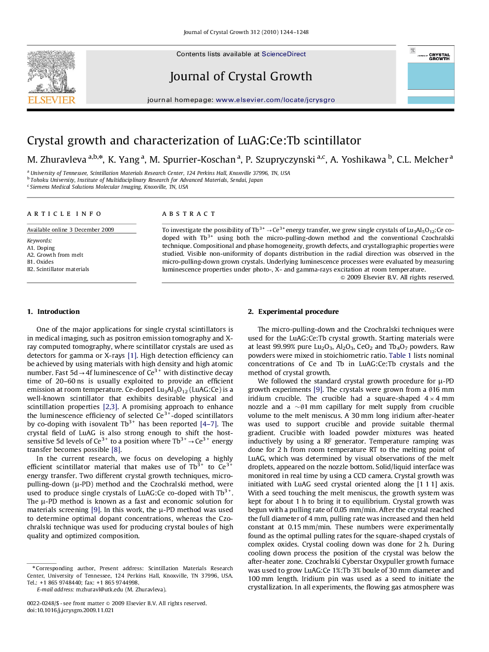 Crystal growth and characterization of LuAG:Ce:Tb scintillator