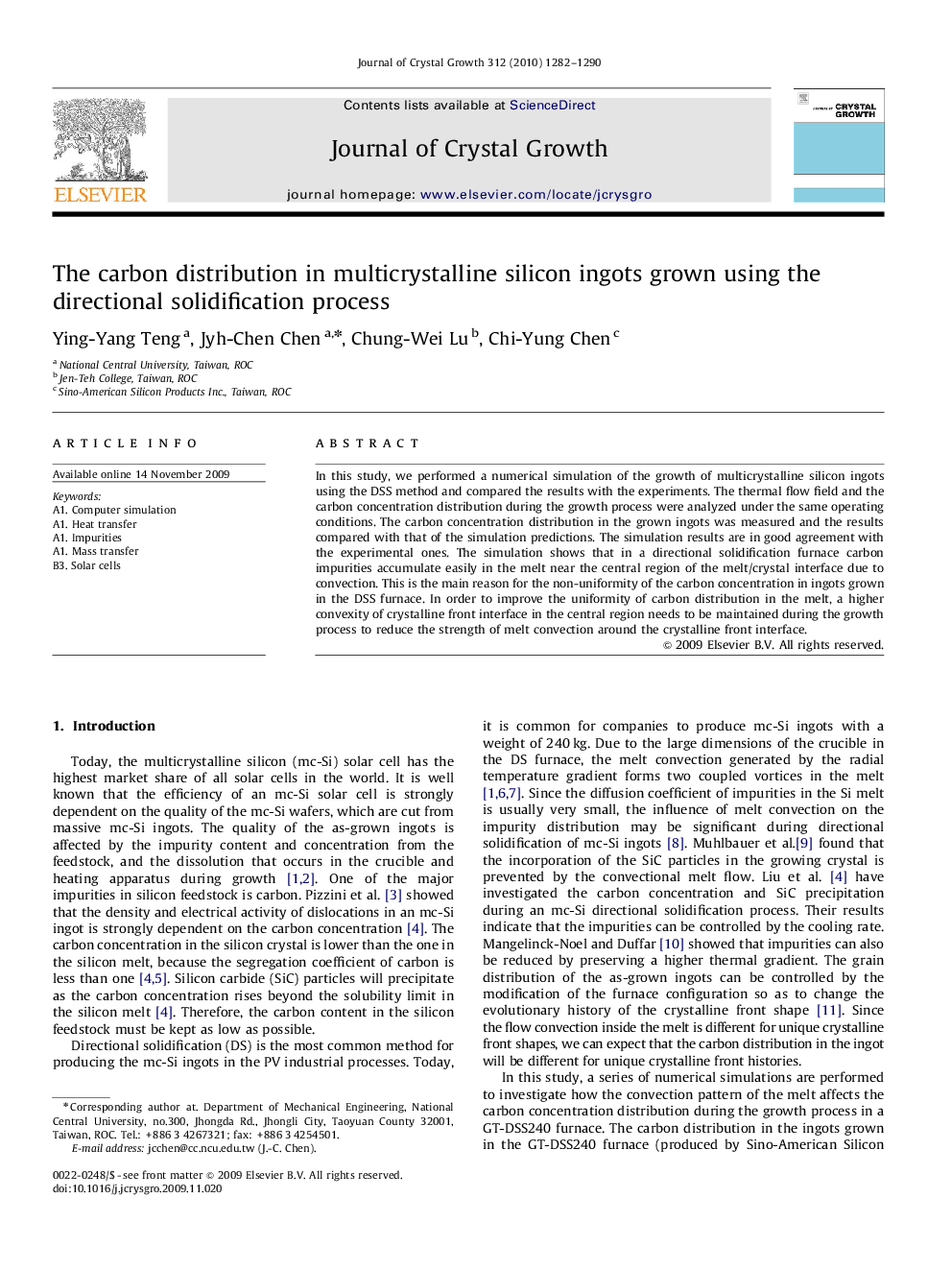 The carbon distribution in multicrystalline silicon ingots grown using the directional solidification process