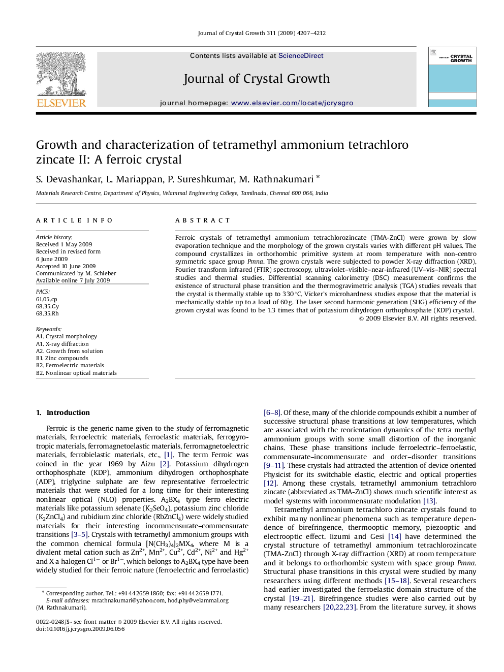 Growth and characterization of tetramethyl ammonium tetrachloro zincate II: A ferroic crystal