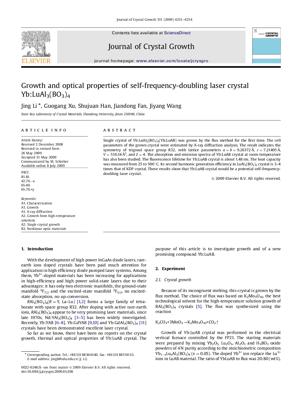 Growth and optical properties of self-frequency-doubling laser crystal Yb:LuAl3(BO3)4