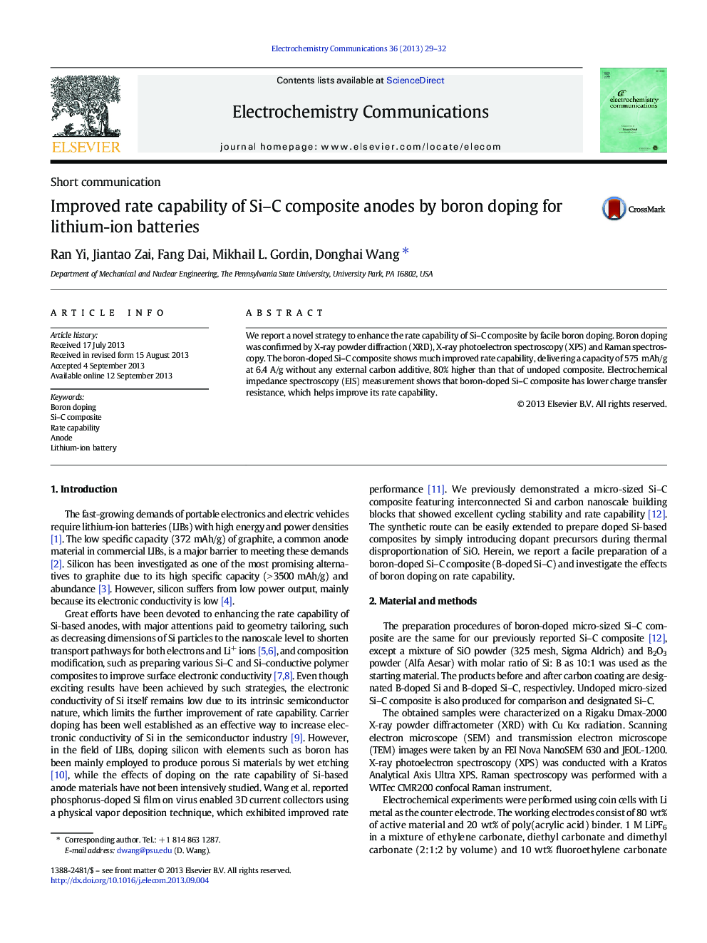 Improved rate capability of Si–C composite anodes by boron doping for lithium-ion batteries