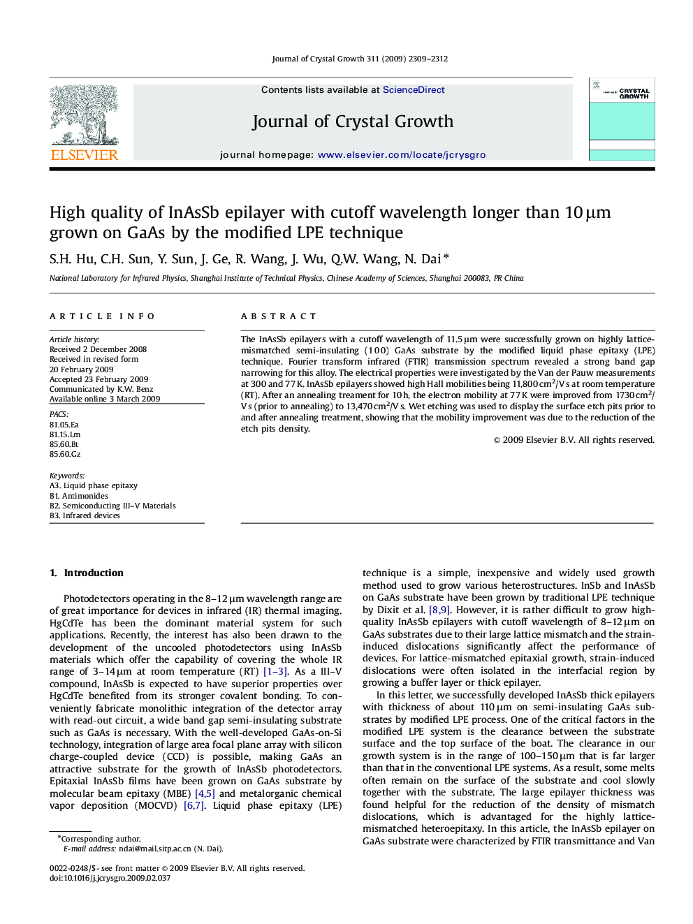 High quality of InAsSb epilayer with cutoff wavelength longer than 10 μm grown on GaAs by the modified LPE technique