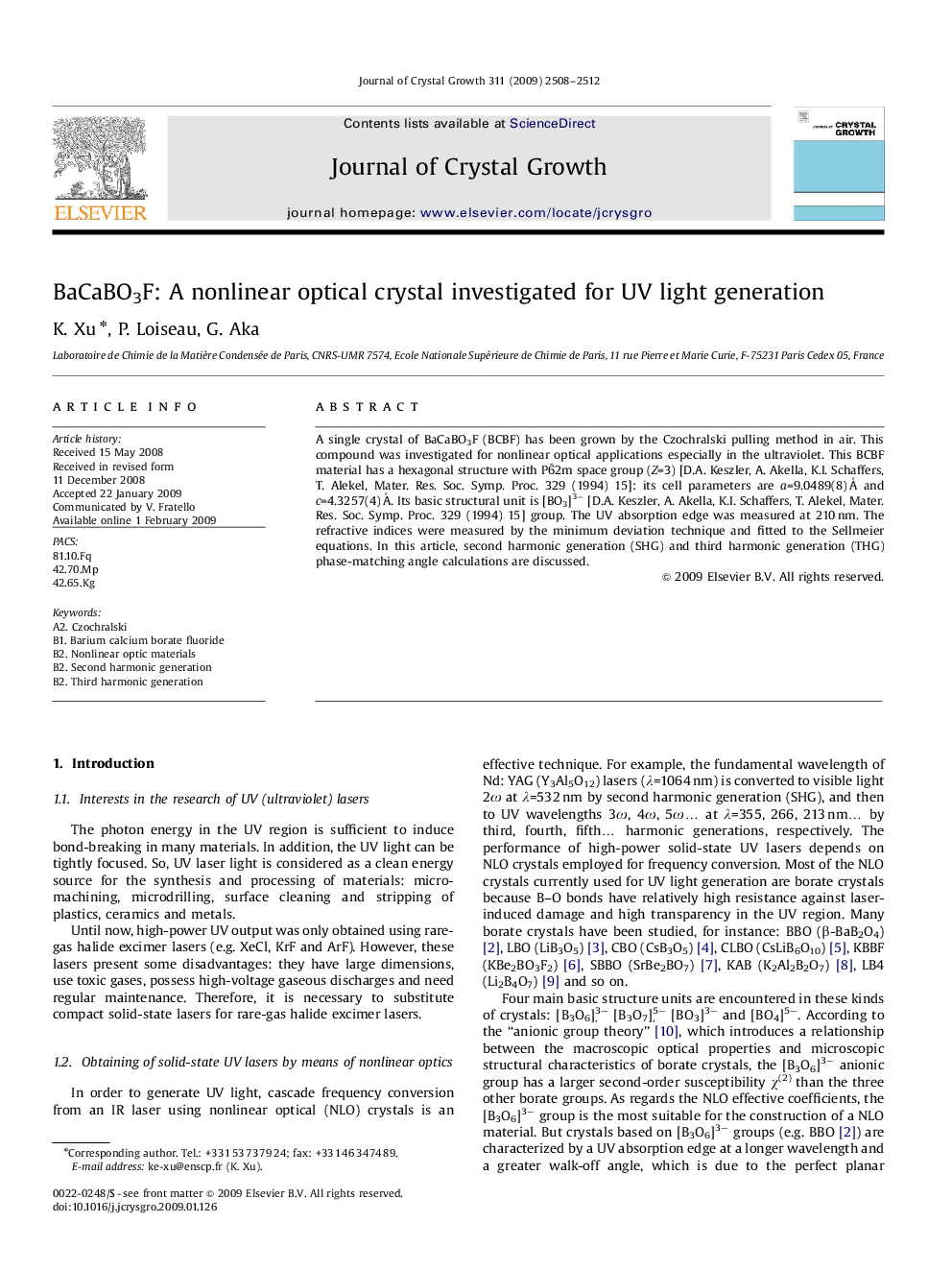 BaCaBO3F: A nonlinear optical crystal investigated for UV light generation