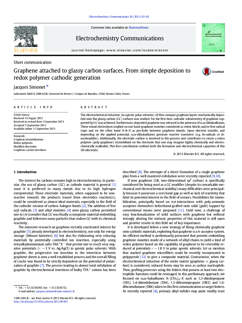 Graphene attached to glassy carbon surfaces. From simple deposition to redox polymer cathodic generation