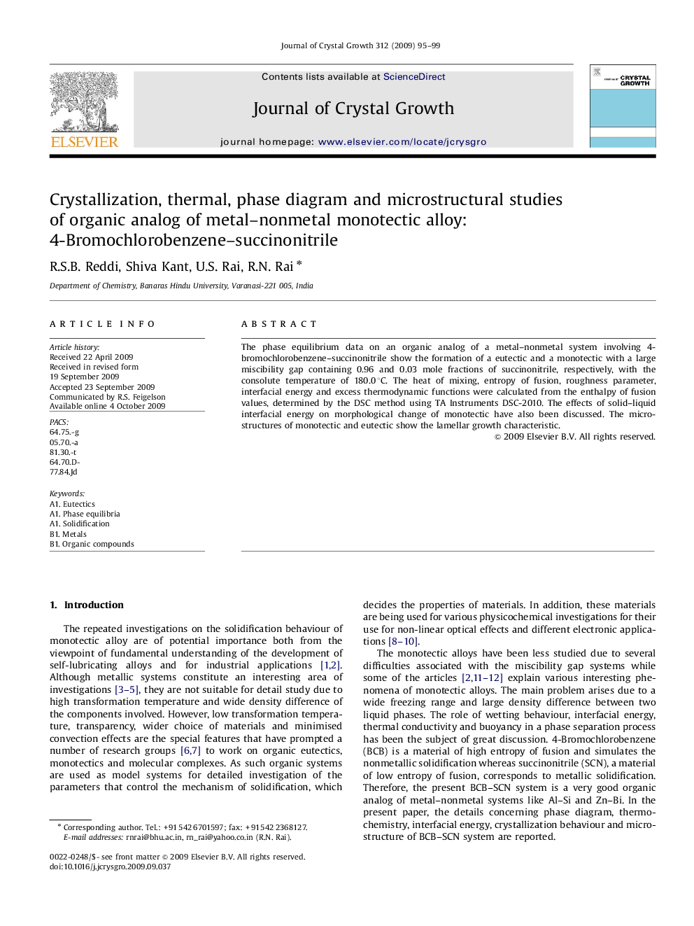 Crystallization, thermal, phase diagram and microstructural studies of organic analog of metal–nonmetal monotectic alloy: 4-Bromochlorobenzene–succinonitrile