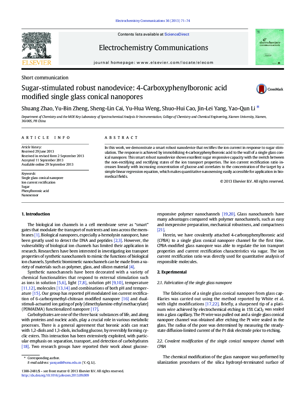 Sugar-stimulated robust nanodevice: 4-Carboxyphenylboronic acid modified single glass conical nanopores
