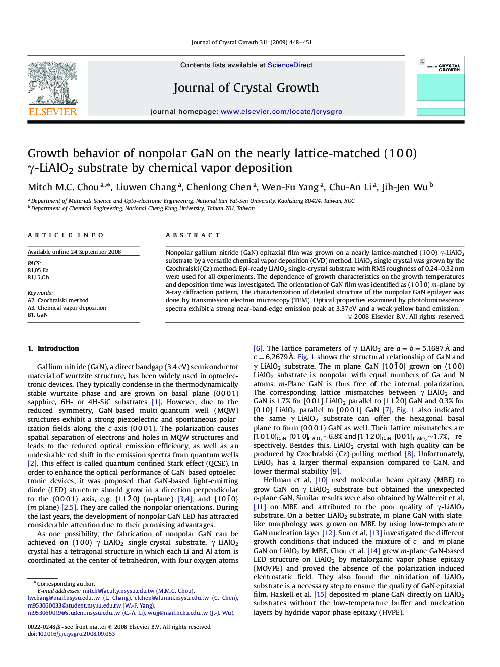 Growth behavior of nonpolar GaN on the nearly lattice-matched (1 0 0) γ-LiAlO2 substrate by chemical vapor deposition