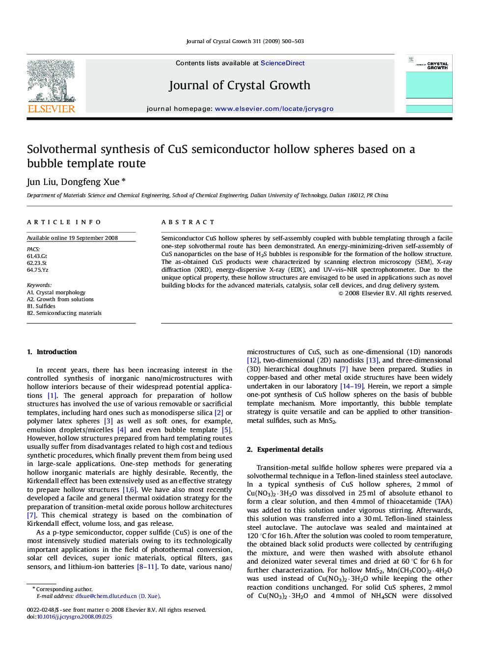 Solvothermal synthesis of CuS semiconductor hollow spheres based on a bubble template route