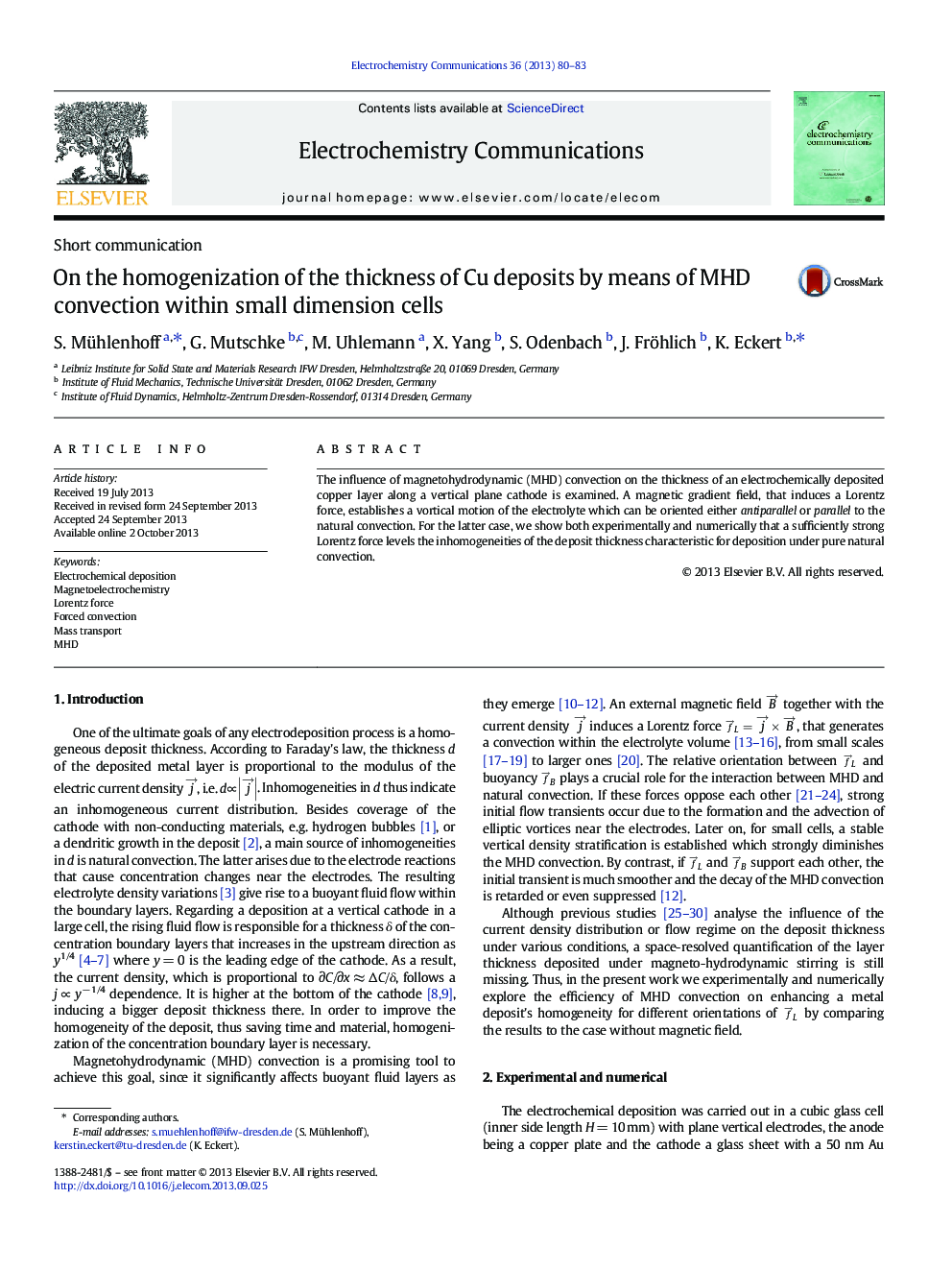 On the homogenization of the thickness of Cu deposits by means of MHD convection within small dimension cells