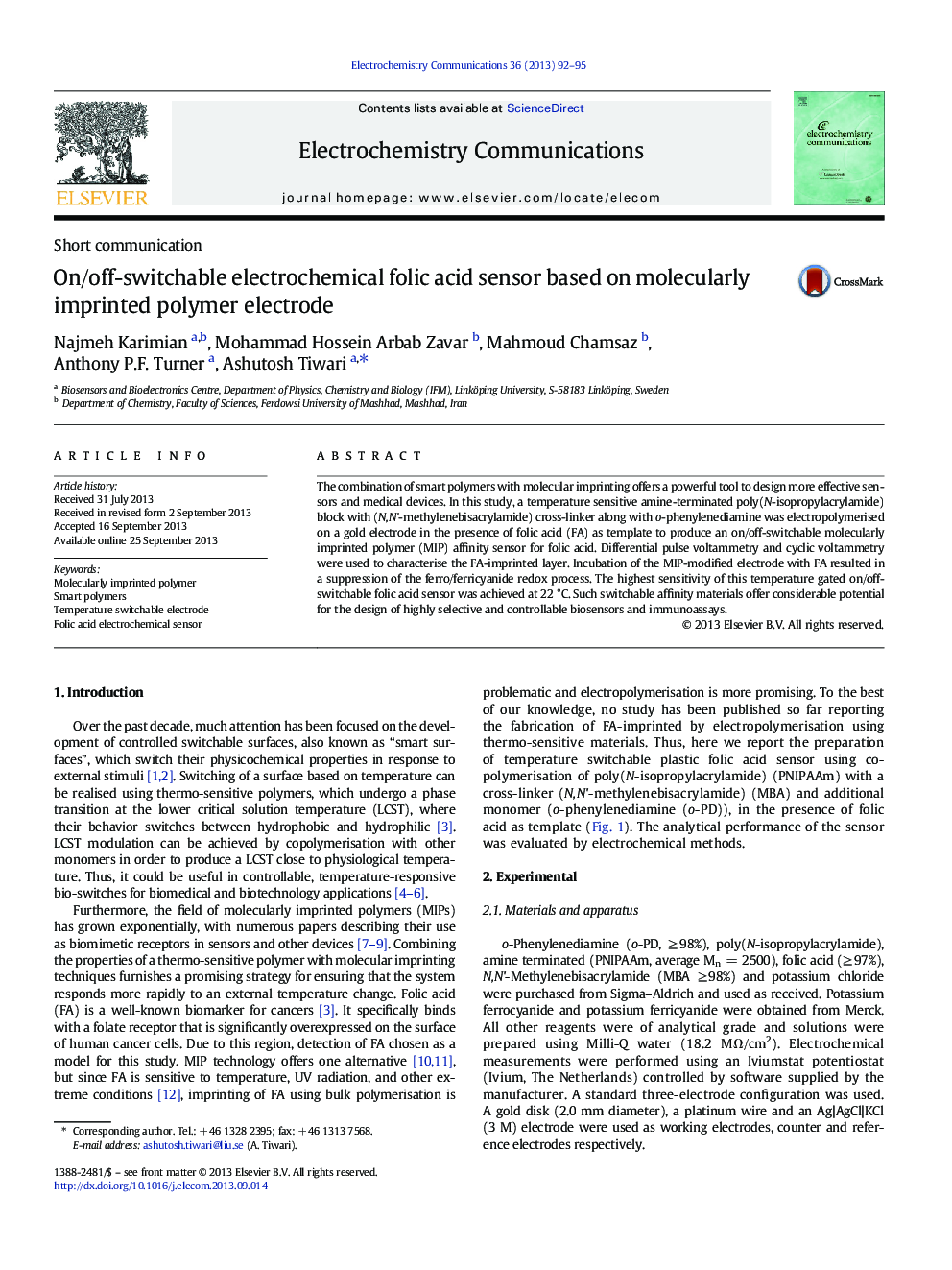 On/off-switchable electrochemical folic acid sensor based on molecularly imprinted polymer electrode