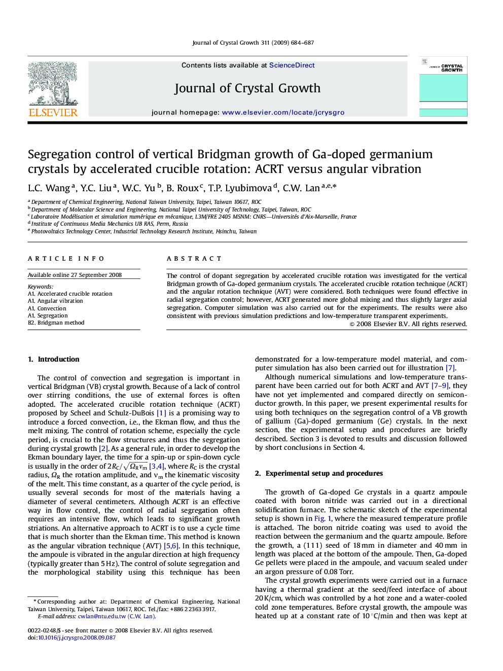 Segregation control of vertical Bridgman growth of Ga-doped germanium crystals by accelerated crucible rotation: ACRT versus angular vibration