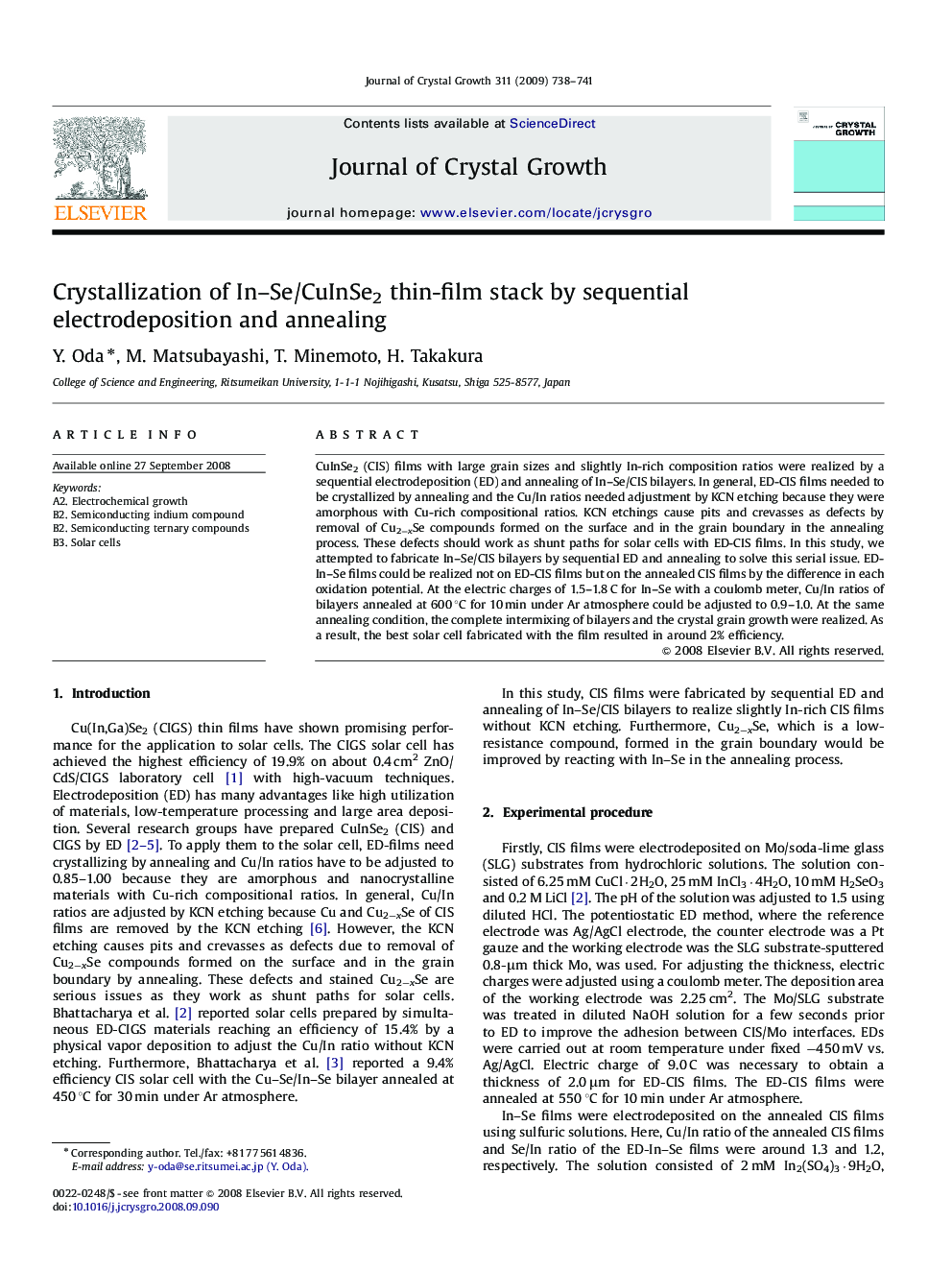 Crystallization of In-Se/CuInSe2 thin-film stack by sequential electrodeposition and annealing