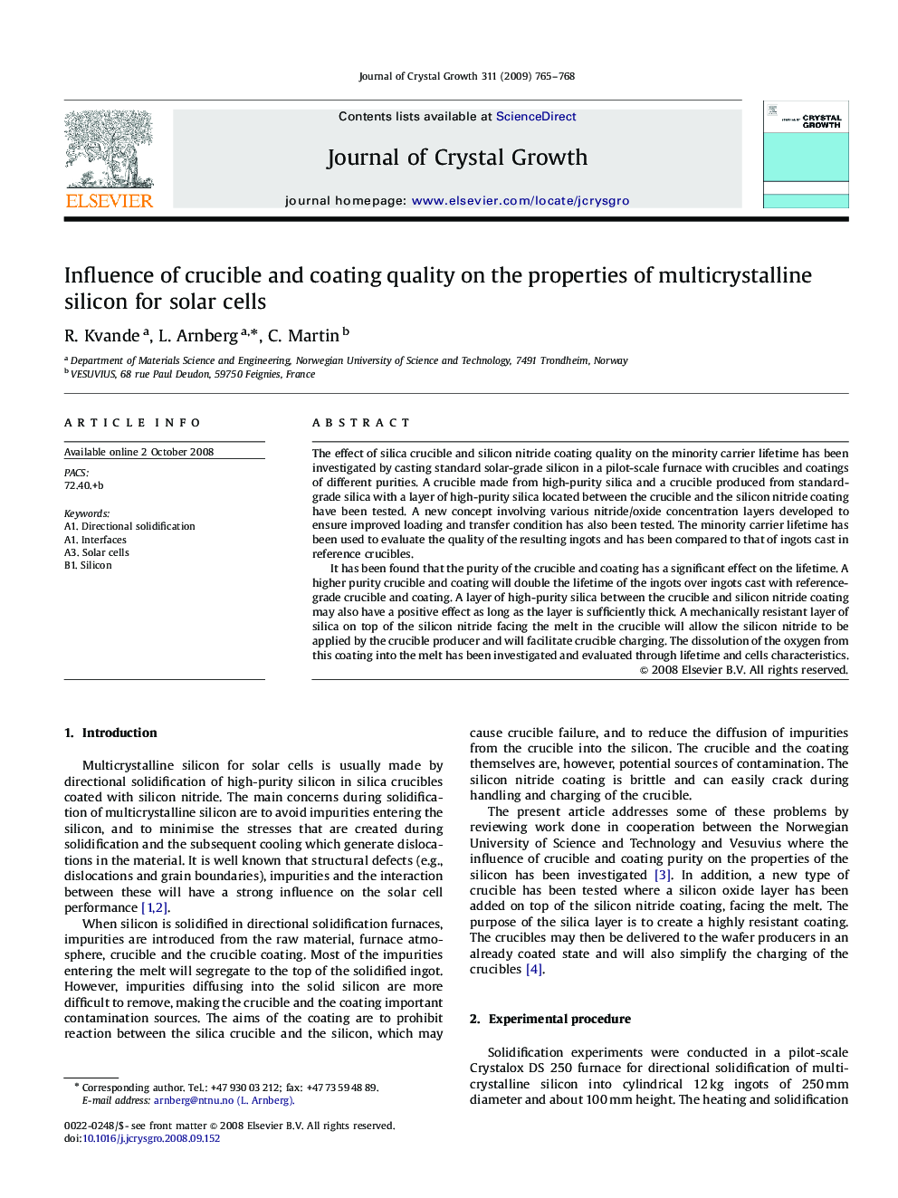 Influence of crucible and coating quality on the properties of multicrystalline silicon for solar cells