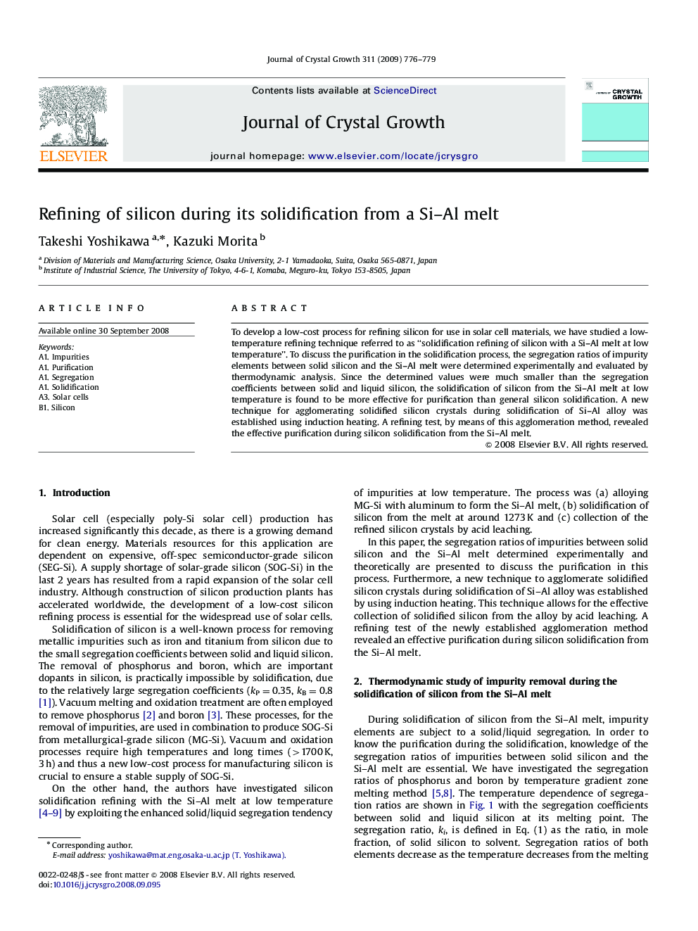 Refining of silicon during its solidification from a Si–Al melt