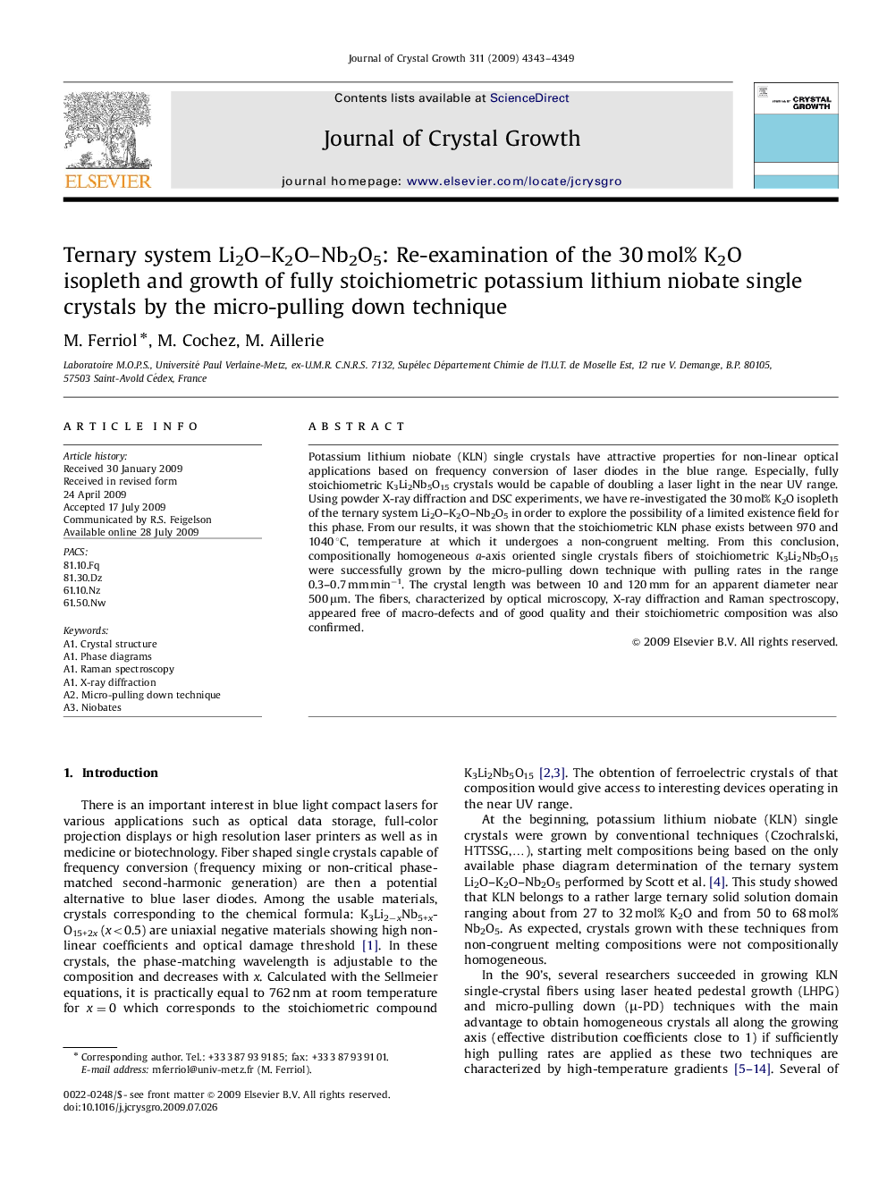 Ternary system Li2O-K2O-Nb2O5: Re-examination of the 30Â mol% K2O isopleth and growth of fully stoichiometric potassium lithium niobate single crystals by the micro-pulling down technique