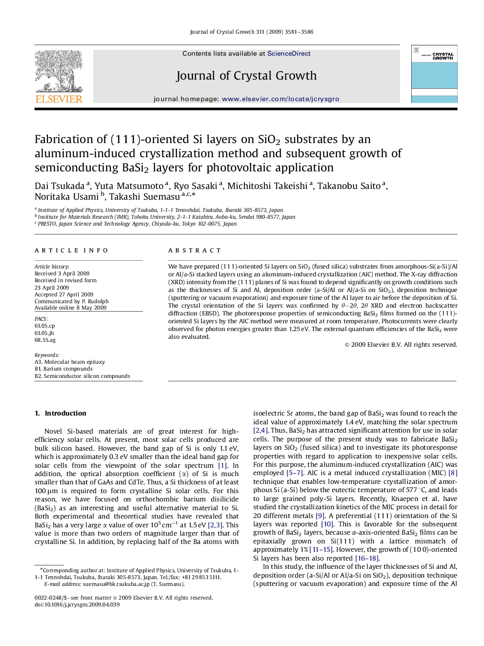 عکس صفحه اول مقاله: Fabrication of (1 1 1)-oriented Si layers on SiO2 substrates by an aluminum-induced crystallization method and subsequent growth of semiconducting BaSi2 layers for photovoltaic application Fabrication of (1 1 1)-oriented Si layers on SiO2 substrates by an aluminum-induced crystallization method and subsequent growth of semiconducting BaSi2 layers for photovoltaic application