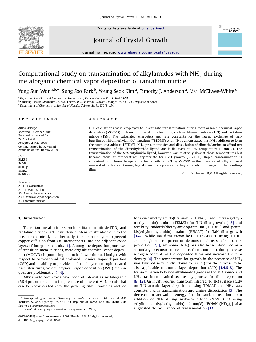 Computational study on transamination of alkylamides with NH3 during metalorganic chemical vapor deposition of tantalum nitride