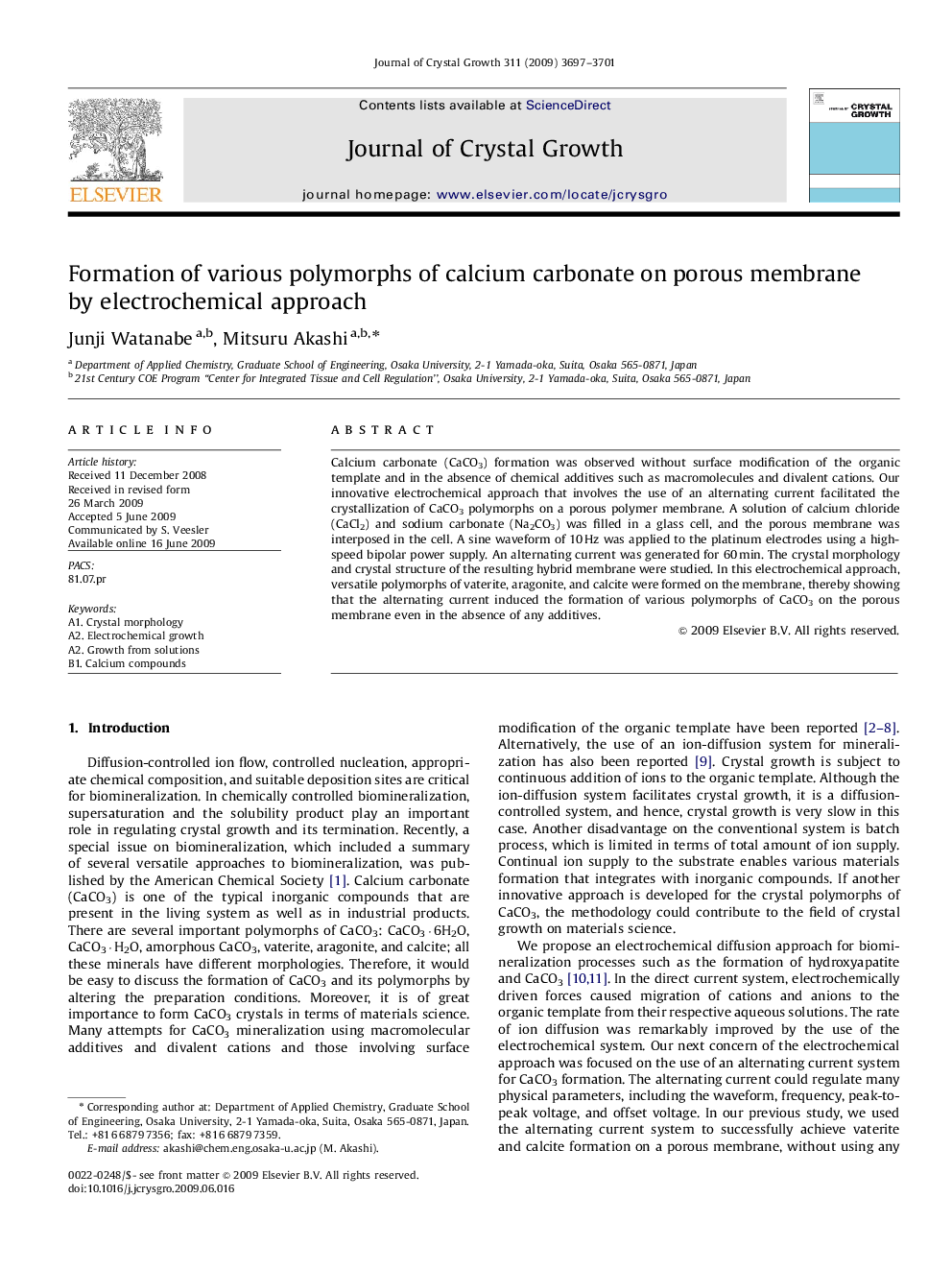 Formation of various polymorphs of calcium carbonate on porous membrane by electrochemical approach