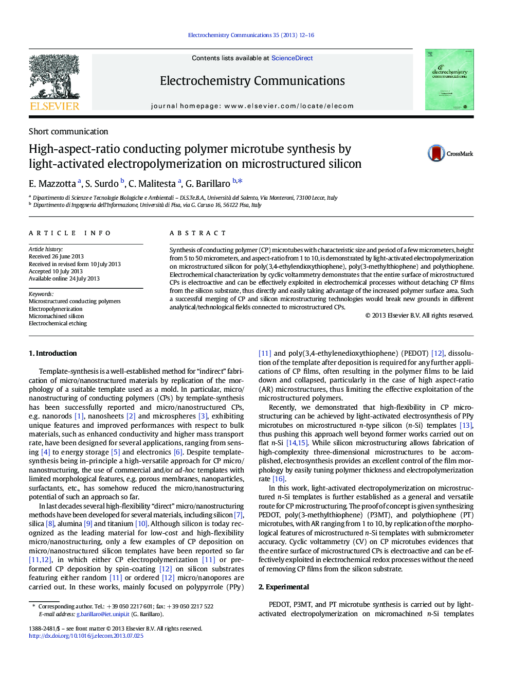 High-aspect-ratio conducting polymer microtube synthesis by light-activated electropolymerization on microstructured silicon