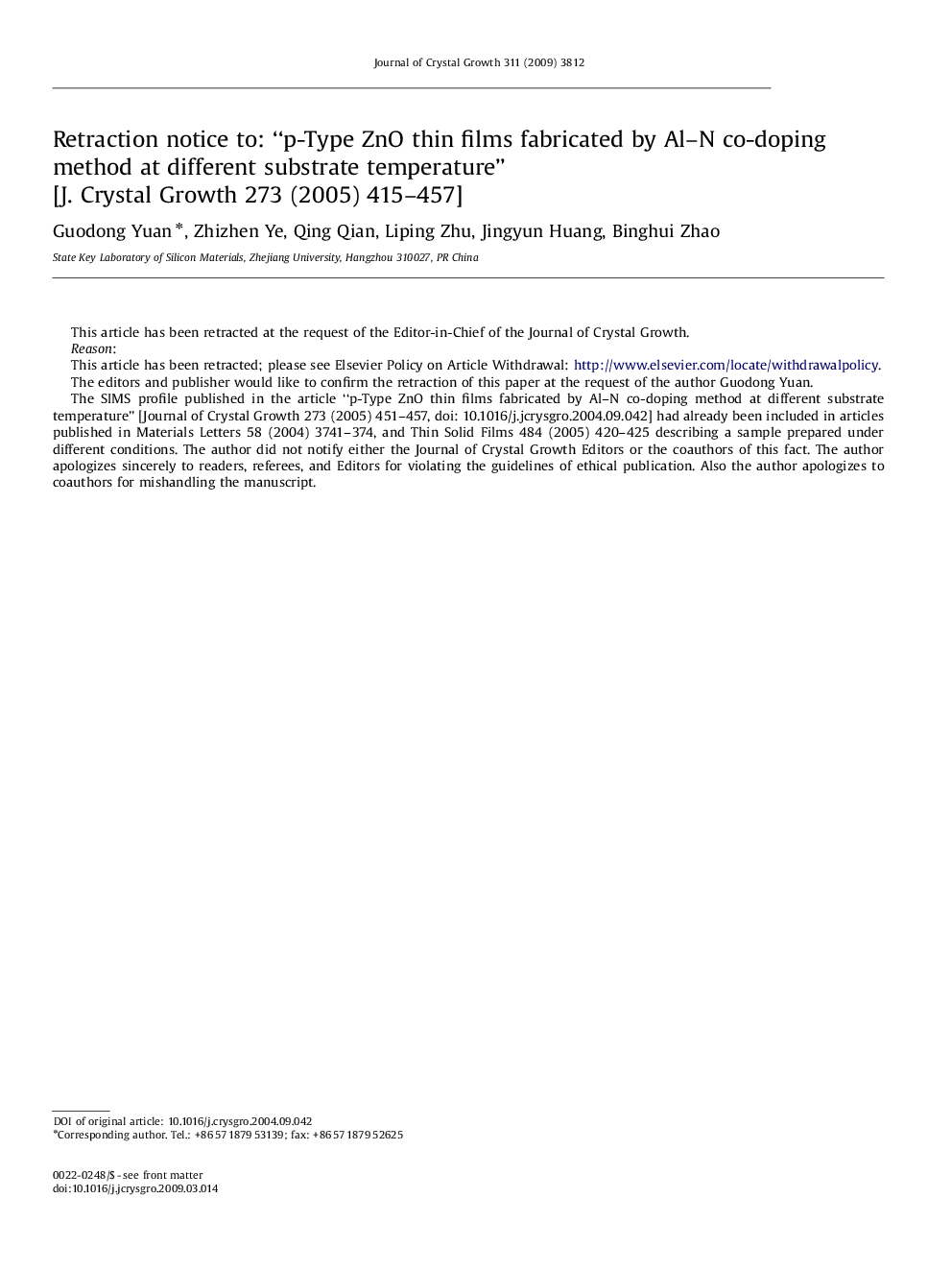 WITHDRAWN: p-Type ZnO thin films fabricated by Al–N co-doping method at different substrate temperature
