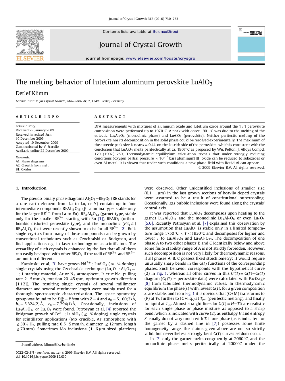 The melting behavior of lutetium aluminum perovskite LuAlO3LuAlO3