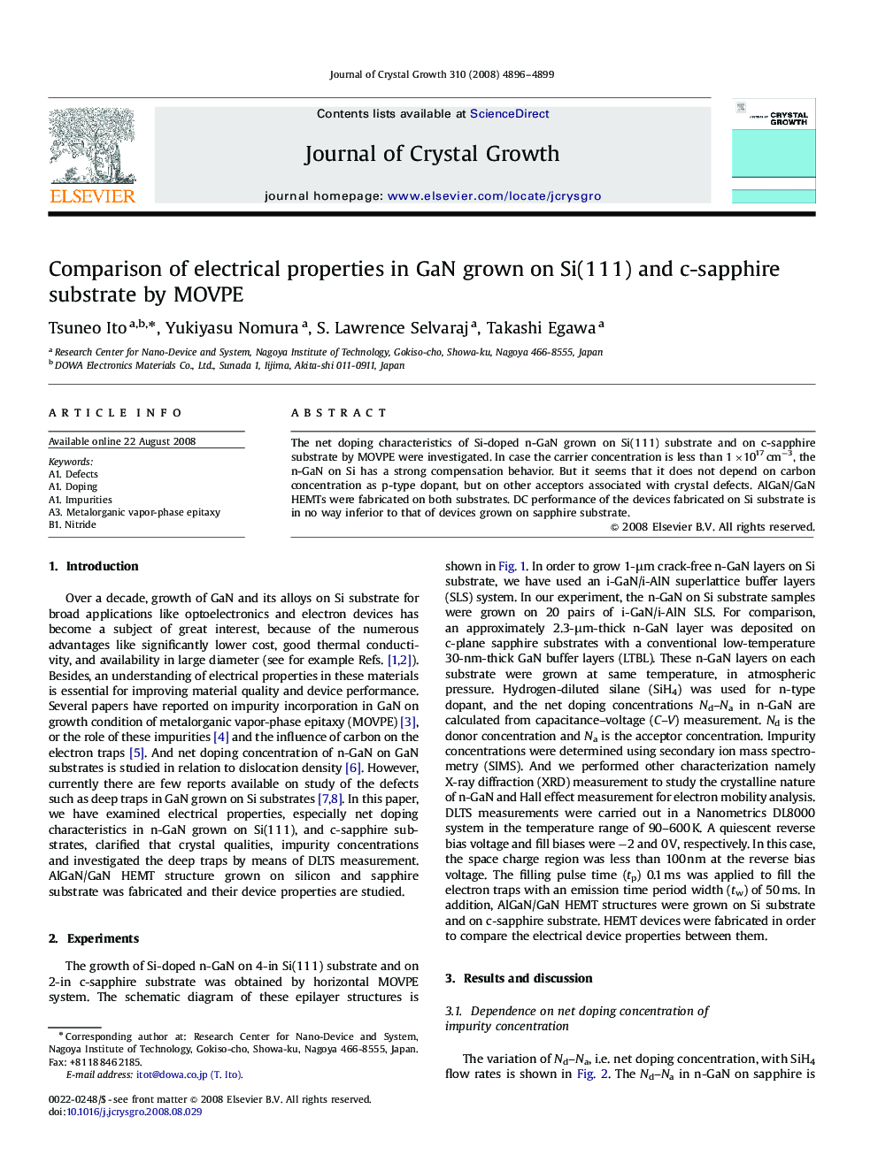 Comparison of electrical properties in GaN grown on Si(1 1 1) and c-sapphire substrate by MOVPE