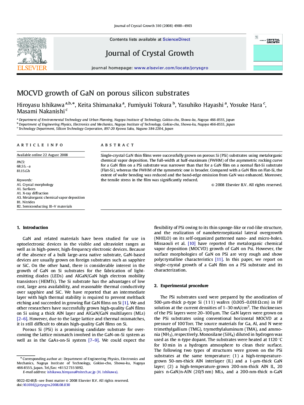 MOCVD growth of GaN on porous silicon substrates