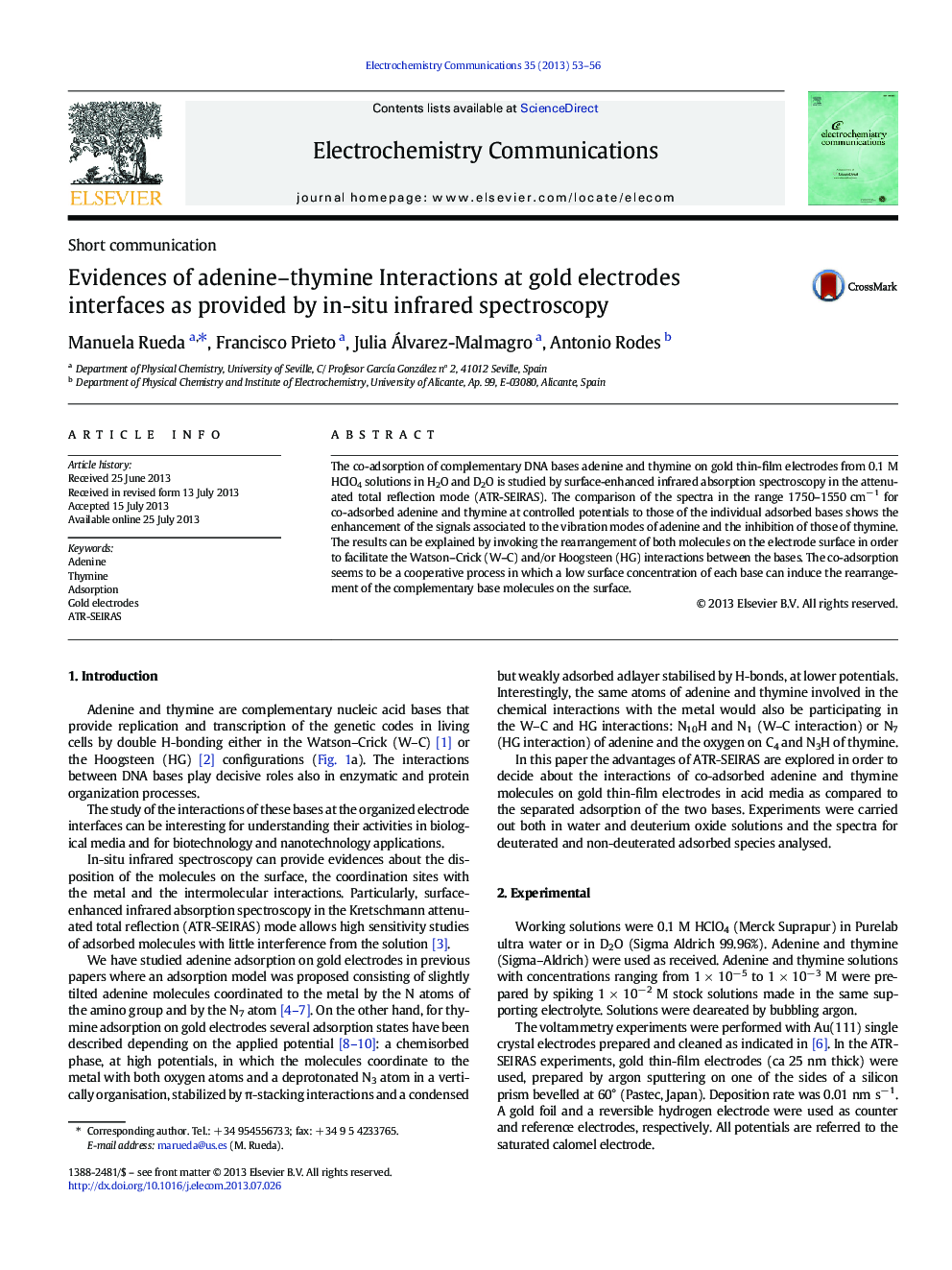 Evidences of adenine–thymine Interactions at gold electrodes interfaces as provided by in-situ infrared spectroscopy