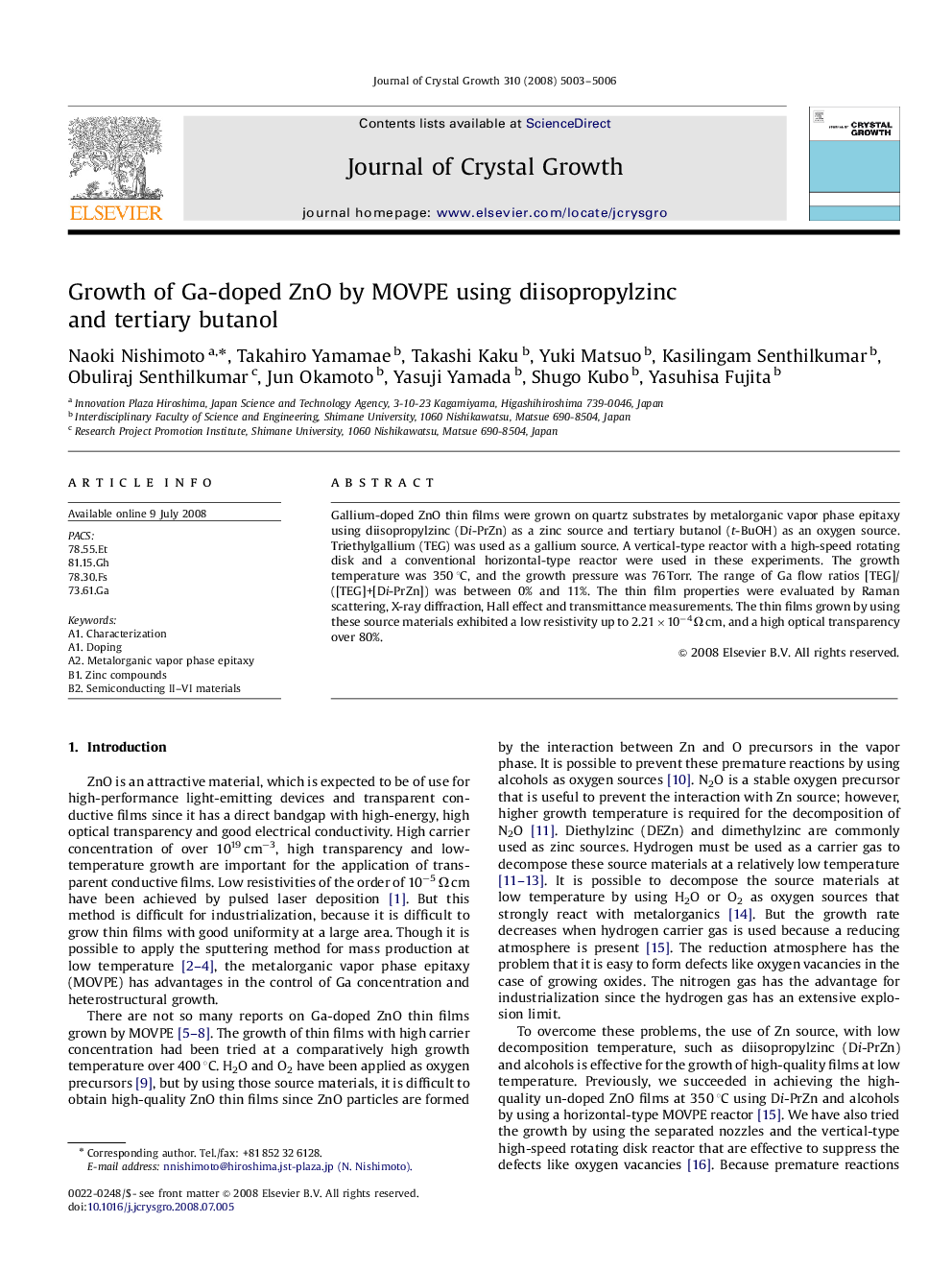 Growth of Ga-doped ZnO by MOVPE using diisopropylzinc and tertiary butanol