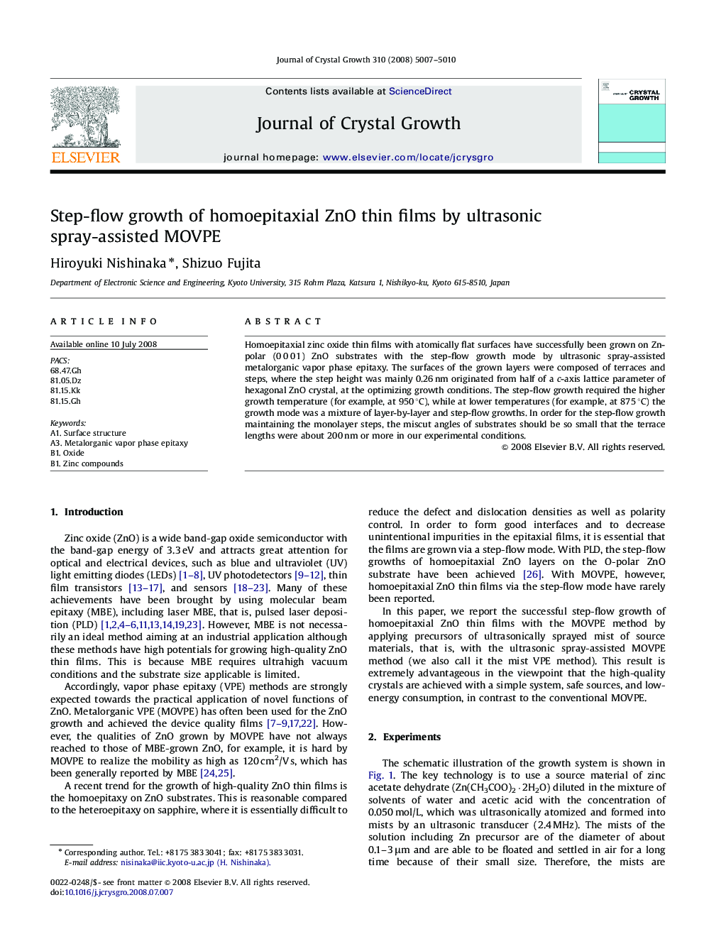 Step-flow growth of homoepitaxial ZnO thin films by ultrasonic spray-assisted MOVPE